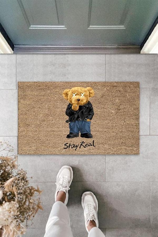 Büro Ev Ofis Yazlık Kapı Önü için Bej Stay Real Ayıcık Motifli Temizlik Paspası - Image 1