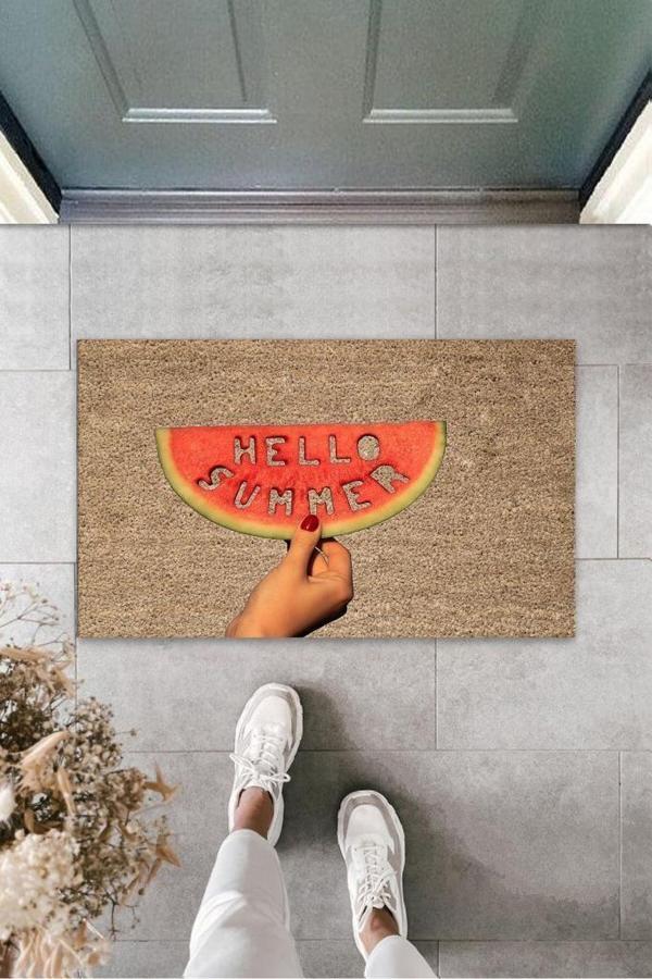 Büro Ev Ofis Yazlık Kapı Önü için Bej Hello Summer Dilim Karpuz Paspası - Image 1