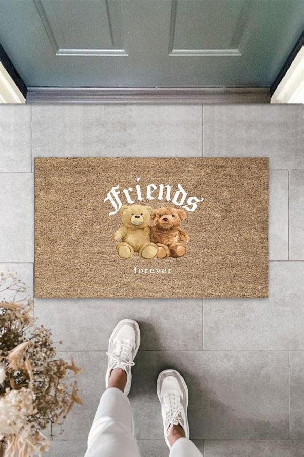 Büro Ev Ofis Yazlık Kapı Önü için Bej Friends Forever Ayıcık Temizlik Paspası - Image 1