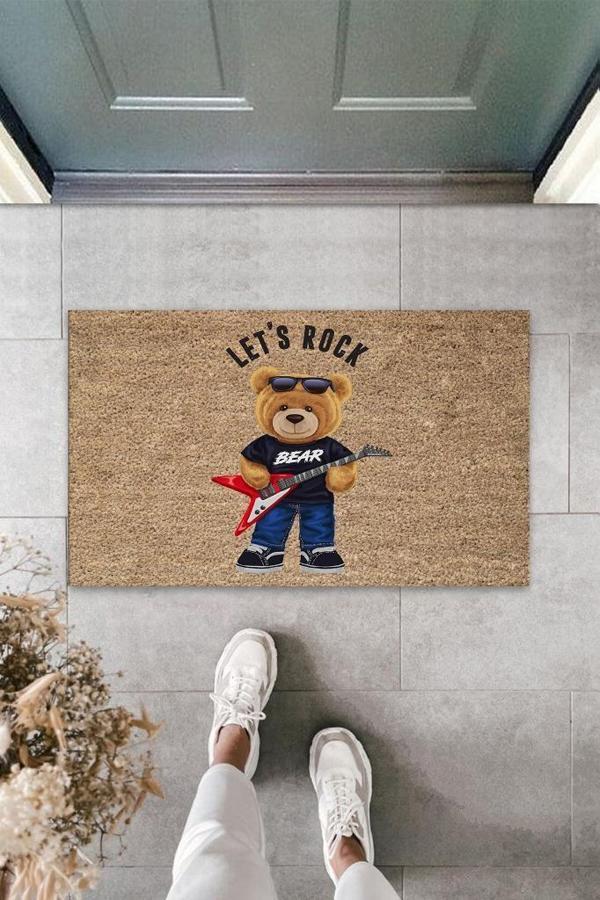 Büro Ev Ofis Yazlık Kapı Önü için Bej Let's Rock Ayıcık Motifli Temizlik Paspası - Image 1