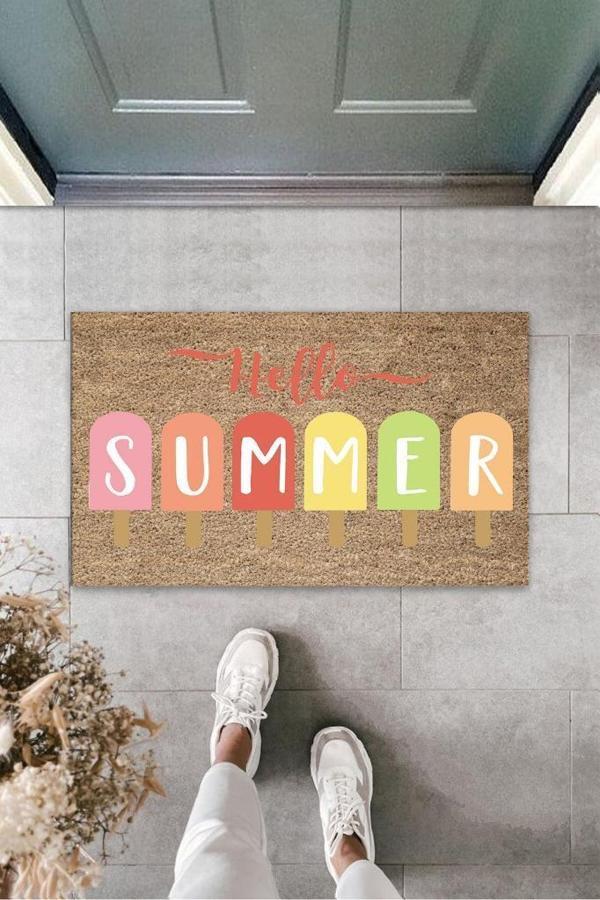 Büro Ev Ofis Yazlık Kapı Önü için Bej Hello Summer Dondurma Temizlik Paspası - Image 1