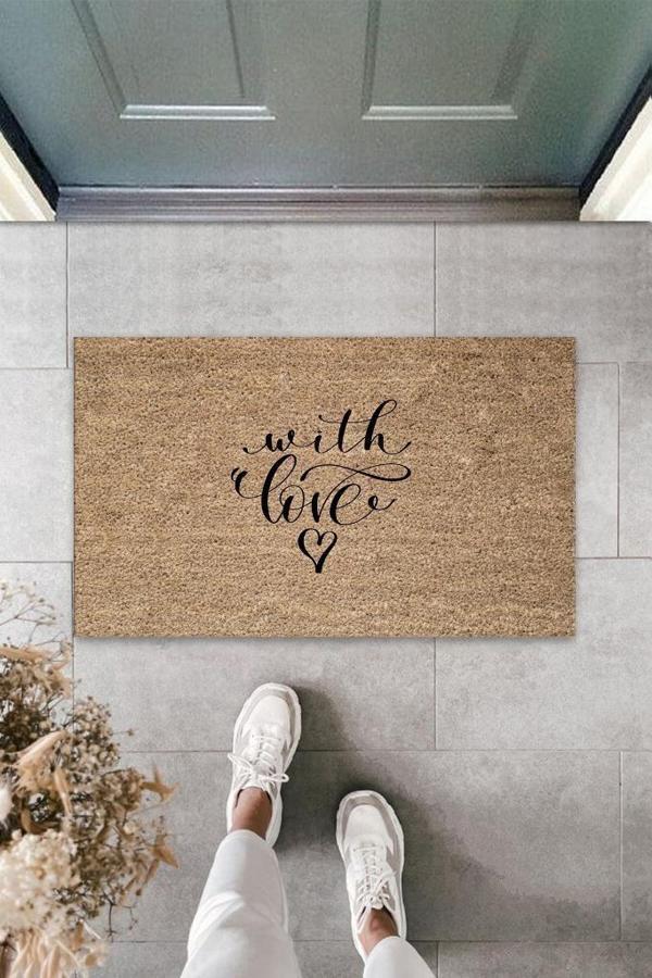 Büro Ev Ofis Yazlık Kapı Önü için Bej With Love Motifli Temizlik Paspası - Image 1