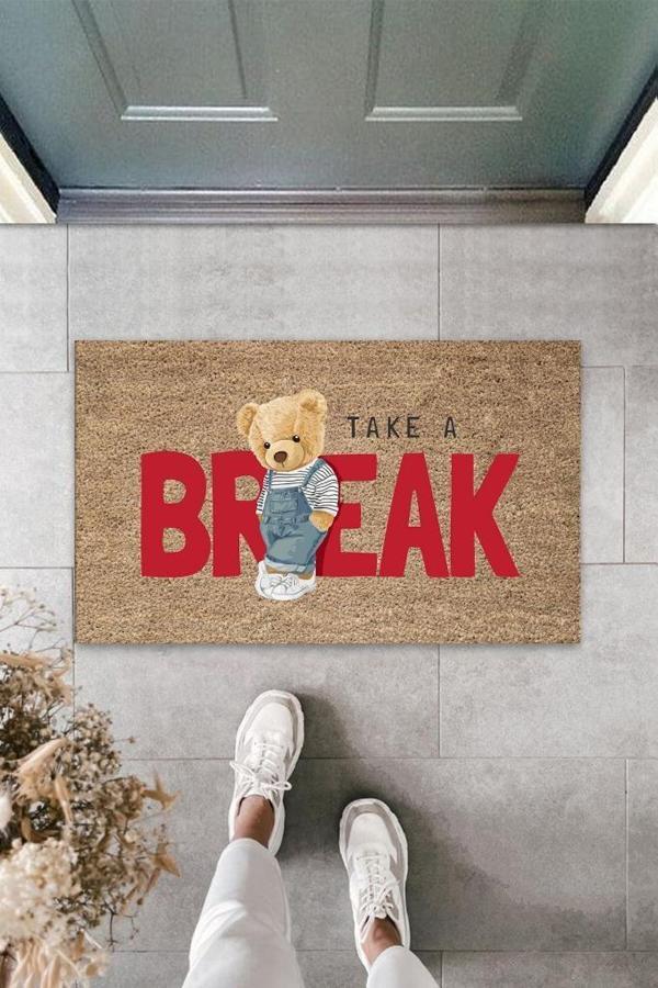 Büro Ev Ofis Yazlık Kapı Önü için Bej Take A Break Ayıcık Temizlik Paspası - Image 1