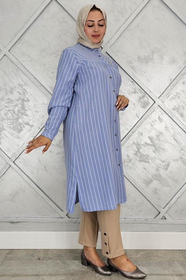 KADIN BROŞLU ÇİZGİLİ KETEN TESETTÜR GÖMLEK - Image 1