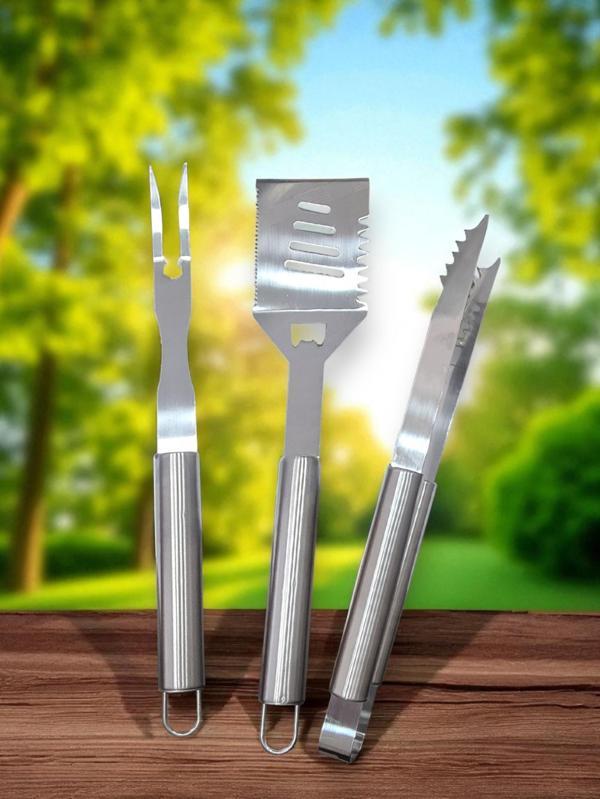 3 Parça Mangal Aksesuar Seti Paslanmaz Çelik Barbekü Set Maşa Spatula Çatal 43cm - Image 1