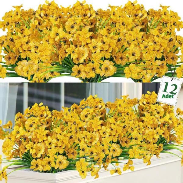12li Set Yapay Çiçek Sazlı Mine Sarı Renk 5 Dallı 33cm - Image 1