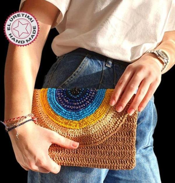 Uretti - Sümeyya 2589 3070 Nazar Boncuk İşlemeli Kağıt İp Clutch Çanta - Image 1