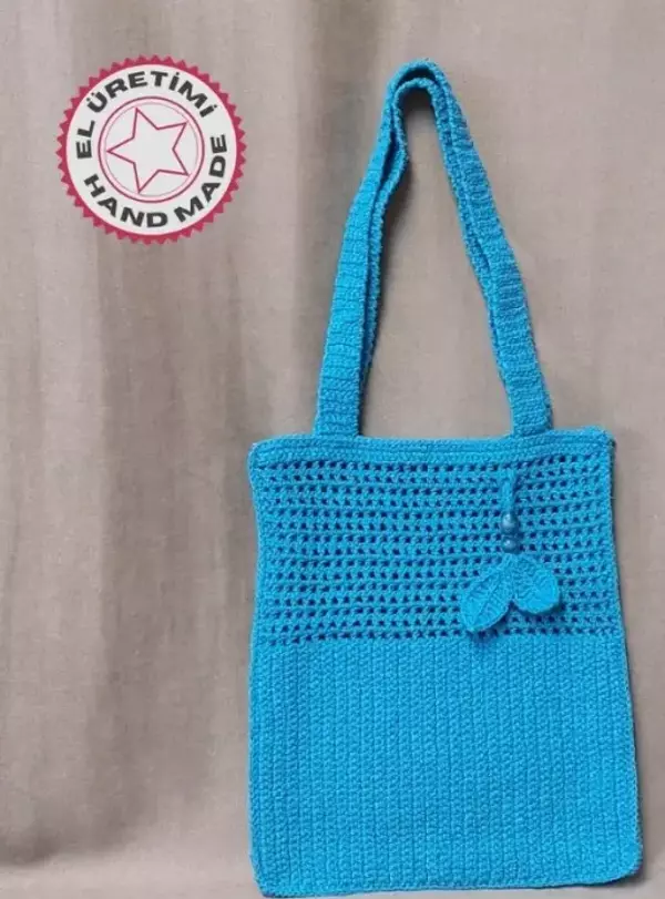 Uretti - Emine 9106 - 2476 El Örgüsü Ahşap Boncuk Detaylı Omuz Çantası - Mavi - Image 1
