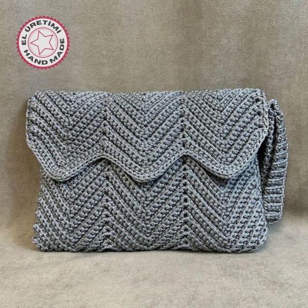 Uretti - Hülya 6683 5840 El Örgüsü Gri Makrome İp Clutch - Portföy Çanta - Image 1