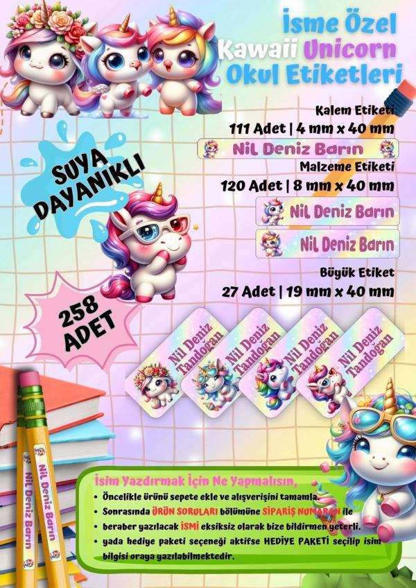 Yeni Unicorn Temalı Kişiye Özel Suya Dayanıklı Okul Etiketi Seti – 258 Adet İsimli Çıkartma - Image 1