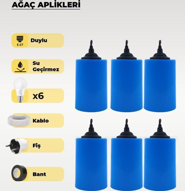 Hazır Set Kot Mavi Silindir Ağaç Feneri - 6 Adet (Gün Işığı Ampul, Kablo, Fiş ve Bant Dahil) - Image 1