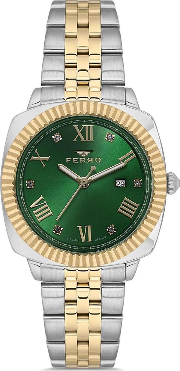 Ferro FL21625AWT-D6 Quartz Çelik Altın/Gri Yeşil Kadran 32 mm Kadın Kol Saati - Image 1