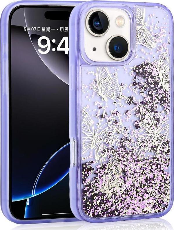 iPhone 13/14 Kılıf Sıvılı Simli Kelebek Baskılı Şeffaf Arka Yüzey Glis Silikon Kılıf - Image 1