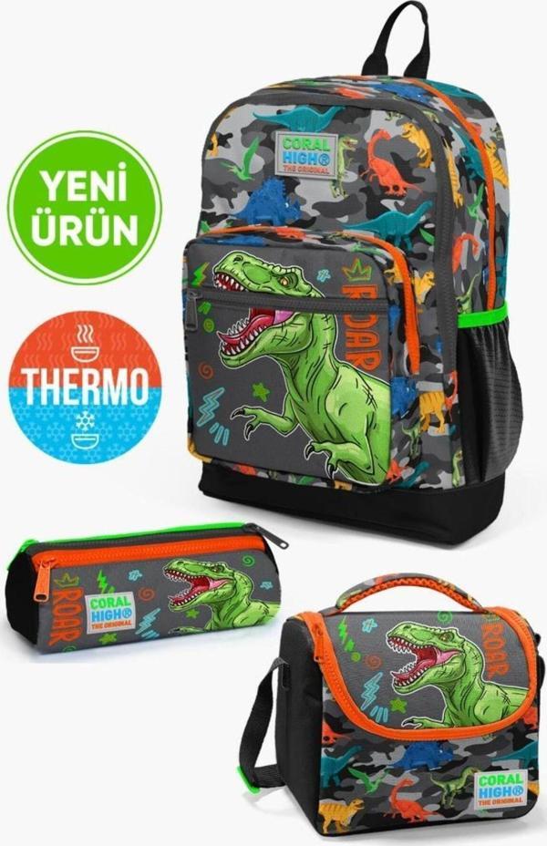Kids Siyah Gri Dinozor Desenli Kalemlik,Beslenme,3’lü Okul Çanta Seti GOSET0123744 - Image 1