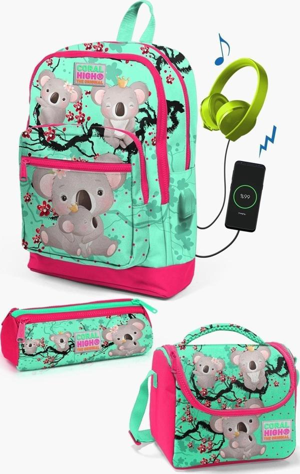 Kids Su Yeşili Neon Mercan Koala Desenli USB'li 3’lü Okul Çanta Seti SET0123813 - Image 1