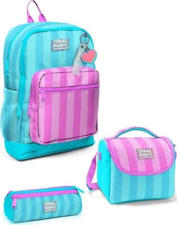 Turkuaz Pembe Çizgili 3 Lü Okul Çanta Seti Set23771 - Image 1