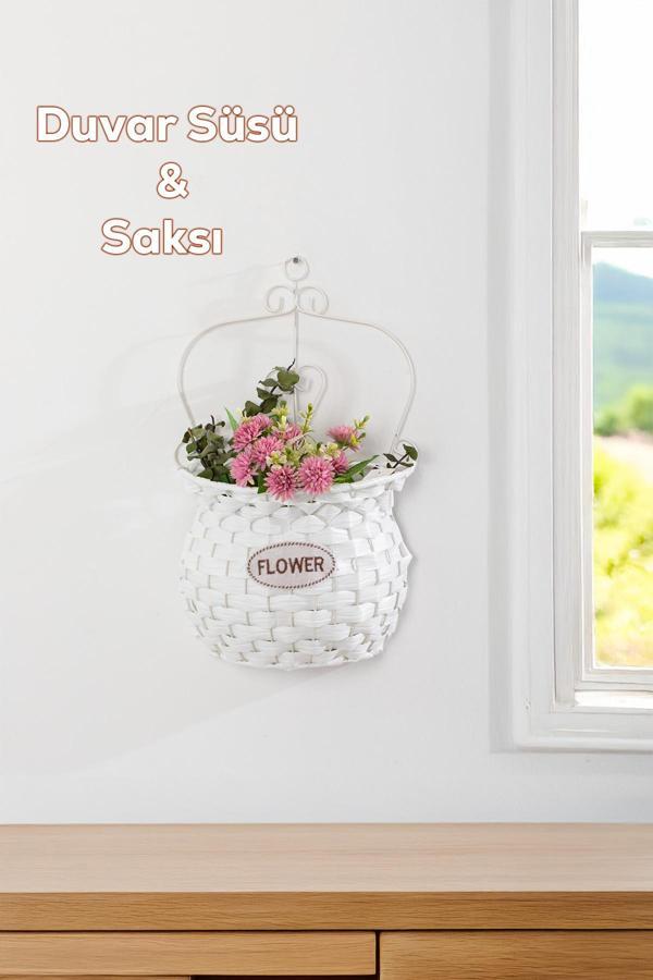 Porsima 2066 Beyaz Dekoratif Çok Amaçlı Saksılık Hasır Modelli Saksı Çiçeklik 24x40cm - Image 1