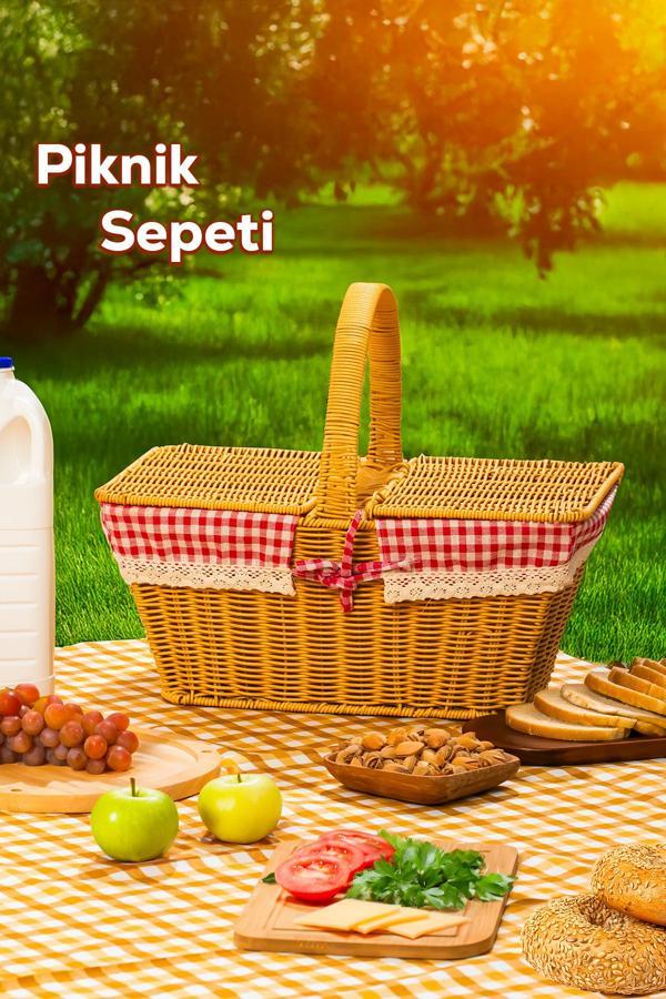 Porsima 2079 Dökdörtgen Hasır Görünümlü Piknik Sepeti Piknik Çantası 42x37cm - Image 1