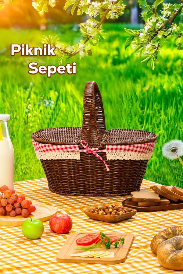Porsima 2080 Oval Hasır Görünümlü Piknik Sepeti Piknik Çantası 41x35cm - Image 1