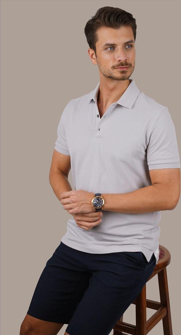 Taş Gri Yaka Desenli Erkek Polo Yaka Tişört - Image 1