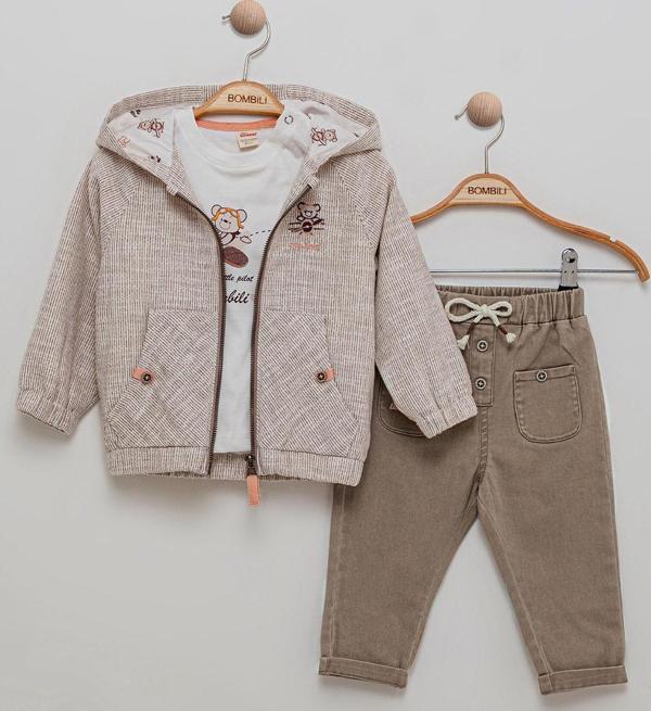 Bombili Erkek Bebek Kapüşonlu 3'lü Takım 6-18 Ay Kahve - Image 1