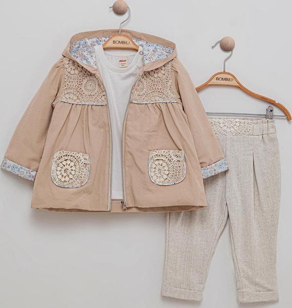 Bombili Kız Bebek 3'lü Kapüşonlu Takım 6-18 Ay Bej - Image 1