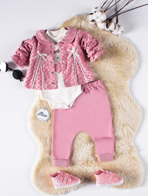 Pakel Kız Bebek 3'lü Takım 0-6 Ay Koyu Pembe - Image 1