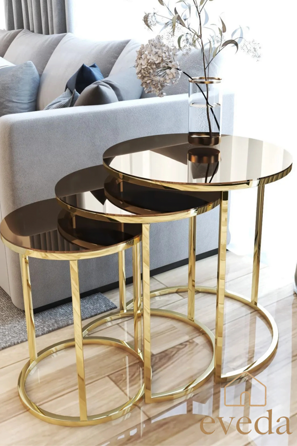 Eveda 3'lü Yuvarlak C Zigon Sehpa Gold Renk Metal Ayak - Image 1