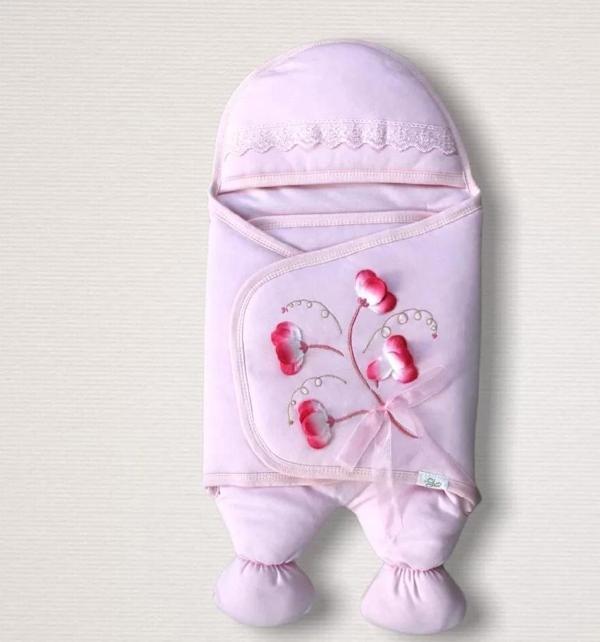 Yenidoğan Yapay Çiçek İşlemeli Şapkalı Lüks Kız Bebek Ayaklı Kundak Bebek Battaniyesi Pembe - Image 1