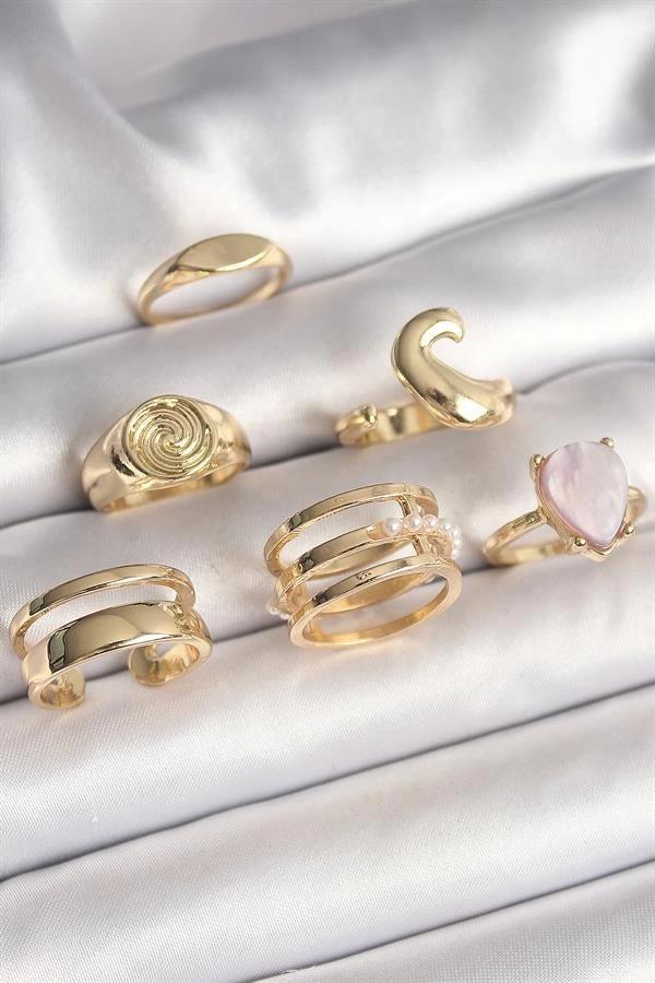 Pirinç Gold Renk Pembe Damla Mineli Sarmal İşleme Detaylı 6'Lı Kadın Yüzük Seti - Image 1