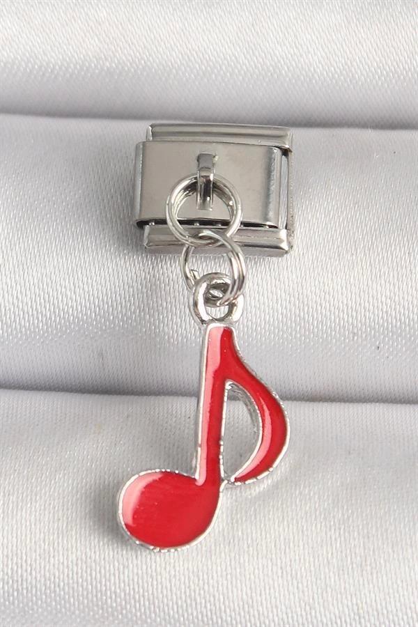316L Çelik Gümüş Renk Kırmızı Müzik Nota Model Nomination Charm - Image 1