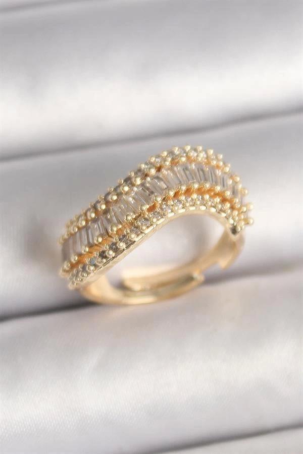 Pirinç Gold Renk Su Yolu Zirkon Taşlı Dalga Model Ayarlanabilir Kadın Yüzük - Image 1