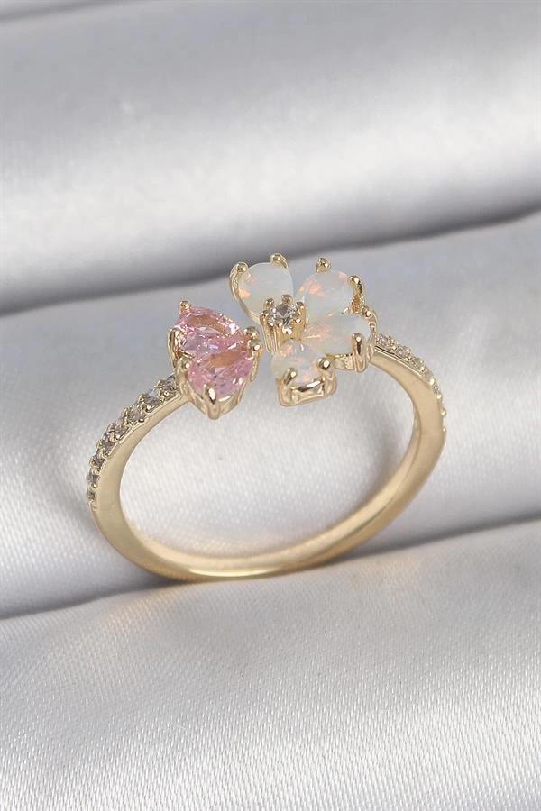 Pirinç Gold Renk Beyaz Mineli Pembe Zirkon Taşlı Çiçek Model Kadın Yüzük - Image 1