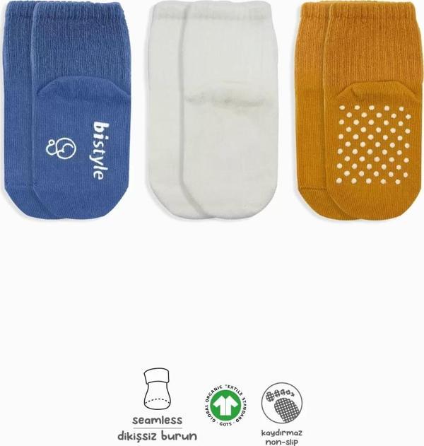 Basic Kaymaz Penye Soket Çorap 3'lü Bs10107 İndigo Ekru Hardal - Image 1