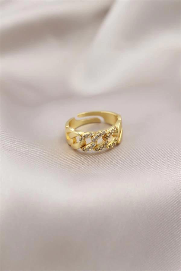 Gold Renk Metal Zincir Model Taşlı Kadın Yüzük - Image 1