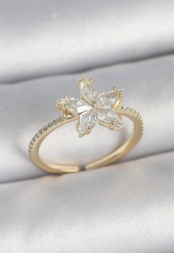 Pirinç Gold Renk Zirkon Taşlı Yıldız Model Ayarlanabilir Kadın Yüzük - Image 1
