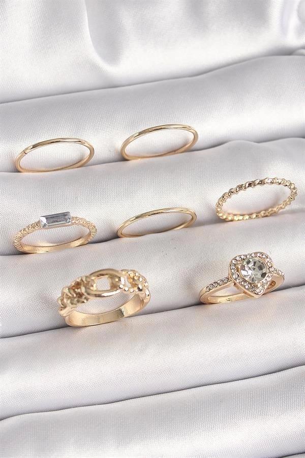 Pirinç Gold Renk Zirkon Taşlı Kalp Figür Düğüm Detay Kadın Yüzük Kombini - Image 1
