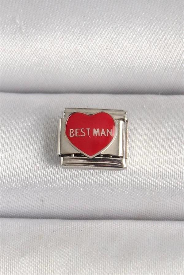 316L Çelik Gümüş Renk 'Best Man' Yazılı Kırmızı Kalp İşlemeli Nomination Charm - Image 1