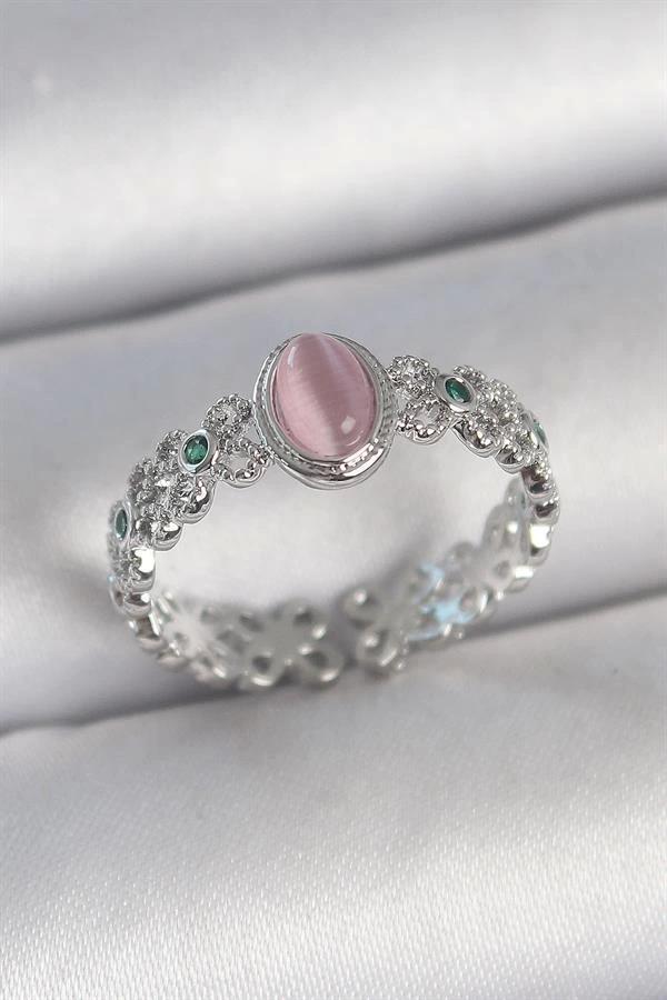 Pirinç Gümüş Renk Zirkon Taş Detaylı Pembe Mineli Damla Model Ayarlanabilir Kadın Yüzük - Image 1