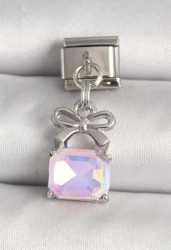 316L Çelik Gümüş Renk Pembe Zirkon Taşlı Çanta Model Nomination Charm - Image 1