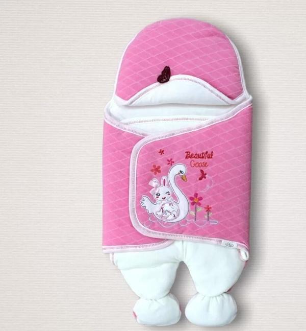 Yenidoğan Çiçekli Ördek Nakışlı Şapkalı Kız Bebek Ayaklı Kundak Bebek Battaniyesi Pembe - Image 1