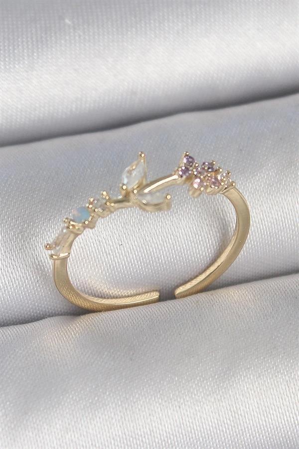 Pirinç Gold Renk Zirkon Taşlı Çiçek Model Ayarlanabilir Kadın Yüzük - Image 1