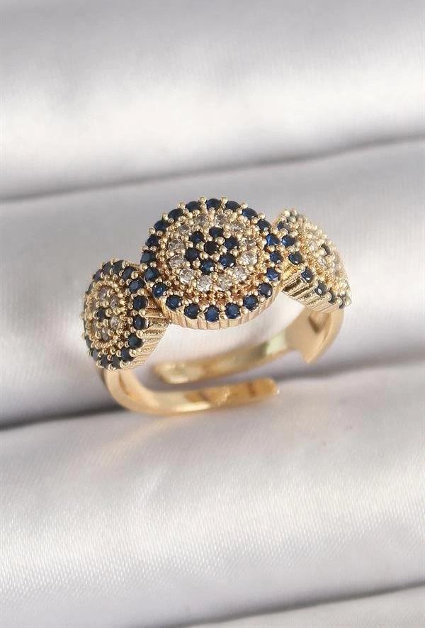 Pirinç Gold Renk Zirkon Taşlı Nazar Boncuk Model Ayarlanabilir Model Kadın Yüzük - Image 1