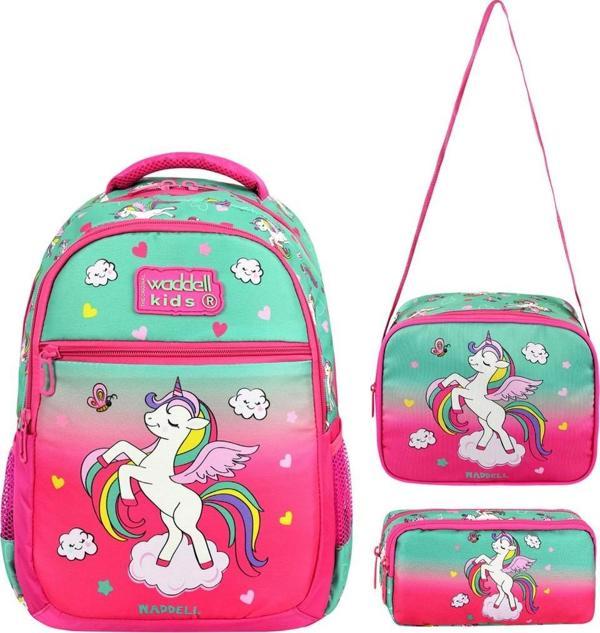 Waddell Lisanslı Fuşya Unicorn Desenli İlkokul Çantası Beslenme Çantası ve Kalemlik - Image 1