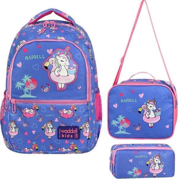Waddell Lisanslı Lila Unicorn Desenli İlkokul Çantası Beslenme Çantası ve Kalemlik - Image 1