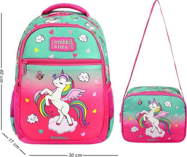 Waddell Lisanslı Pembe Unicorn Desenli İlkokul Çantası Beslenme Çantalı 24301 - Image 1