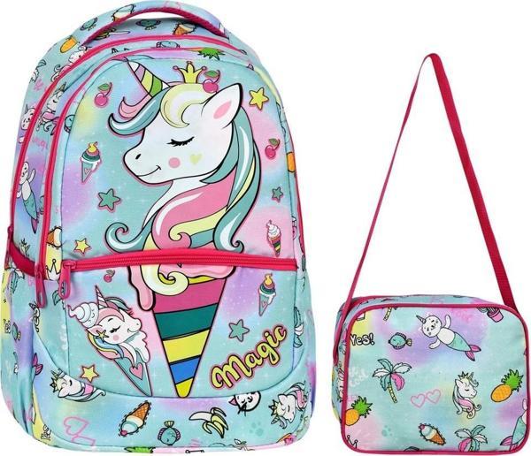 Yeşil Magic Unicorn Figürlü Kız İlkokul Sırt Çantası + Beslenme Çantası (2305) - Image 1