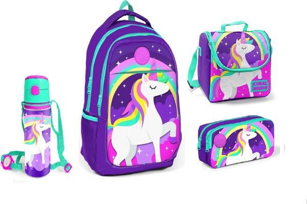 Coral High Lacivert Unicorn Desenli Beslenme Okul Çantası Kalemlik + Matara - Image 1