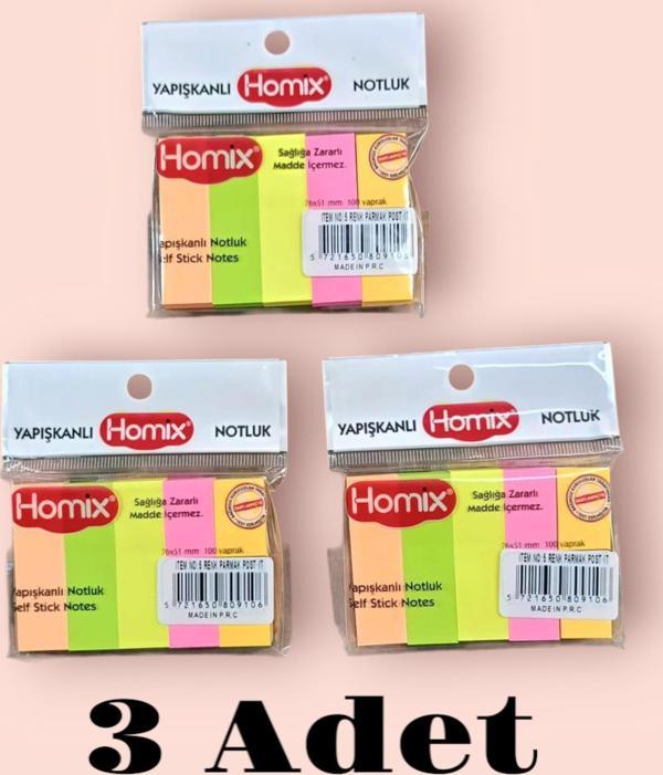 Homix 3 PAKET Yapışkanlı Renkli Parmak Post-it Notluk 5'li - Image 1