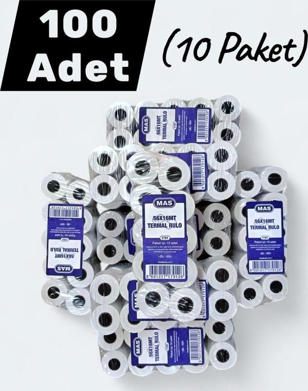 Mas 56x16 Termal Rulo Yazar Kasa Pos Kağıdı 16 Metre 100 Adet (10 Paket) - Image 1